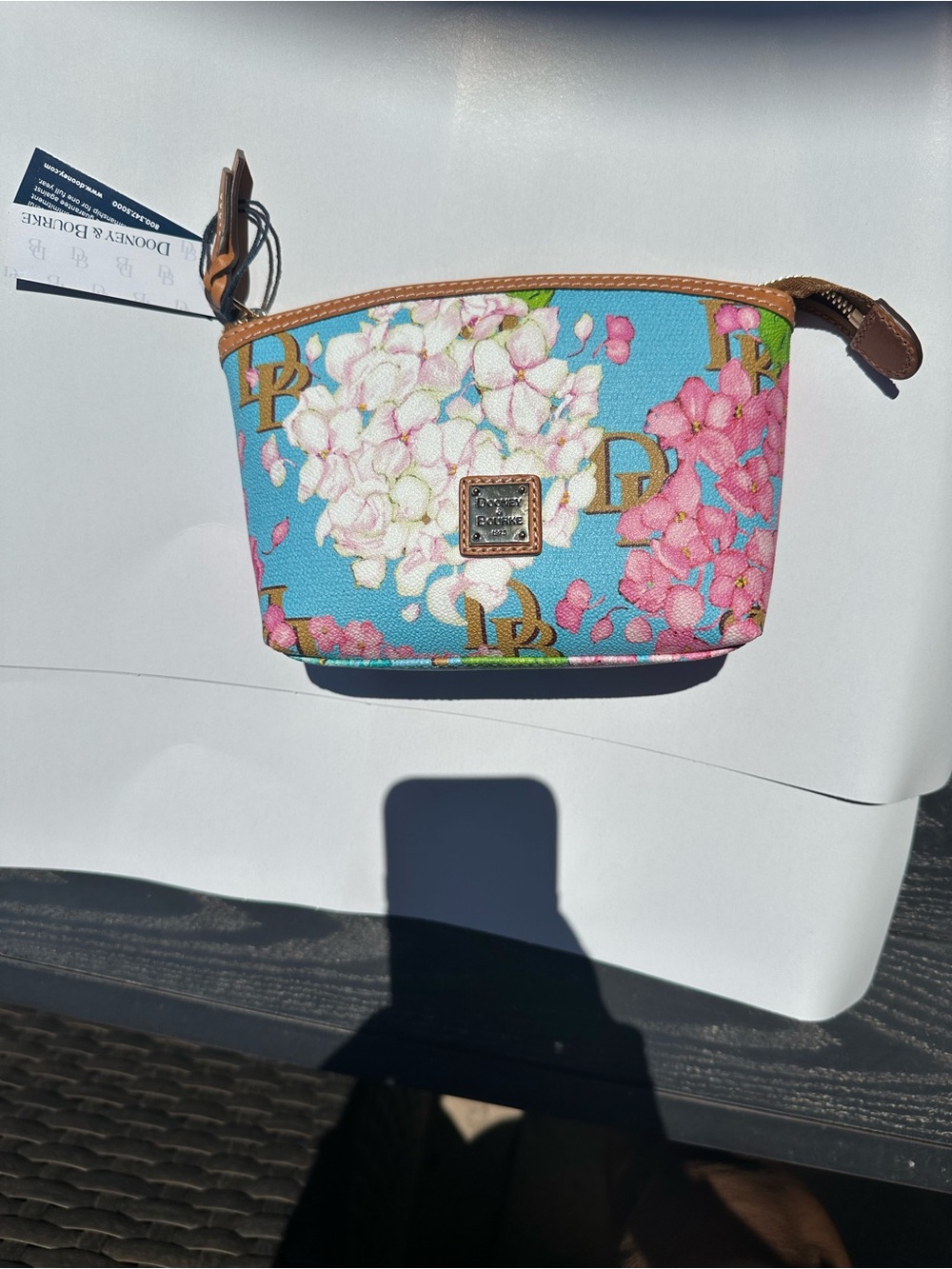 Dooney & Bourke Blue Hydrangea floral Cosmetic Pouch with Pink & White Blooms